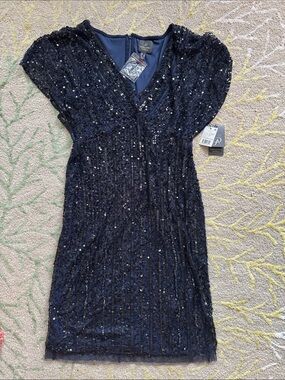 Adrianna Papell navy blue cocktail dress features all-over sequin 6 NWT